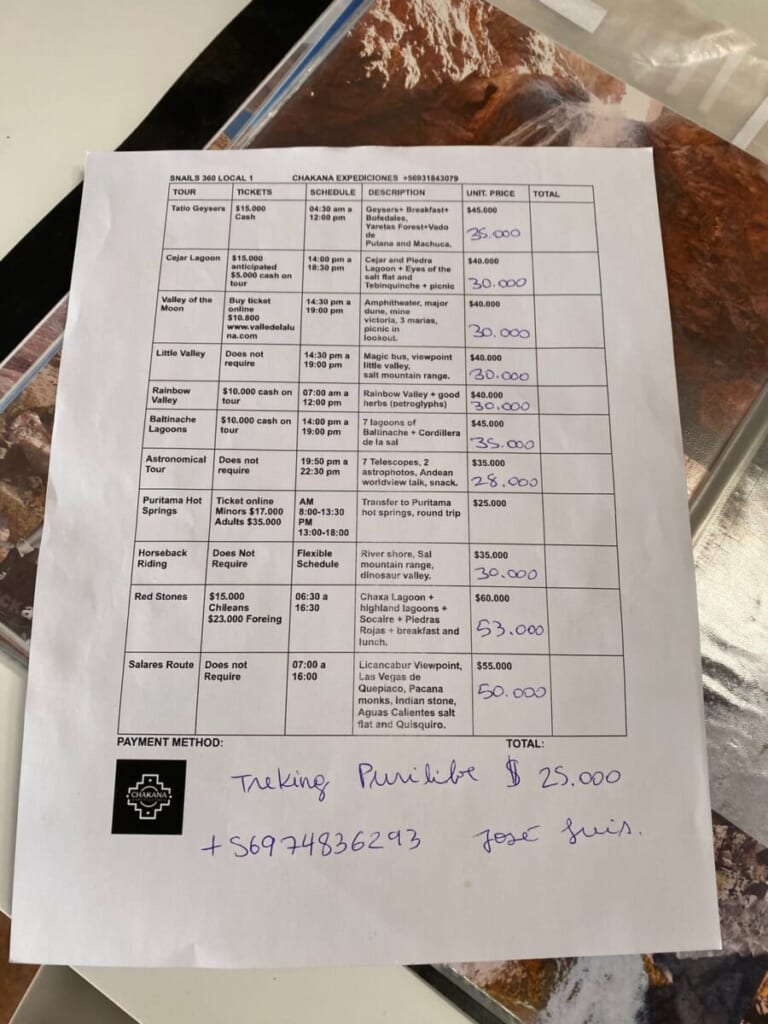 Chakana Expedicionesのツアー料金表